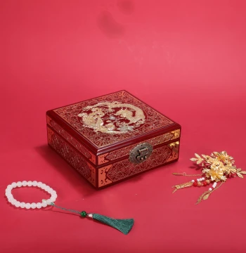 Pingyao Lacquerware Jewelry Box with Mother-of-Pearl Inlay - Square Wooden Chinese-Style Dressing Case for Dowry