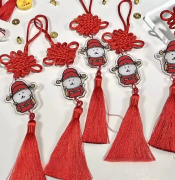 New Year Red Chinese Knot Ornament with Self-Deprecating Bear and God of Wealth - Cute Cartoon Bag Charm and Gift Chain