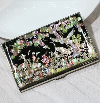 Mother-of-Pearl Lacquerware Fully Hand-carved Shell Inlay Crane Pattern Business Card Holder Box Keychain Set Great Gift