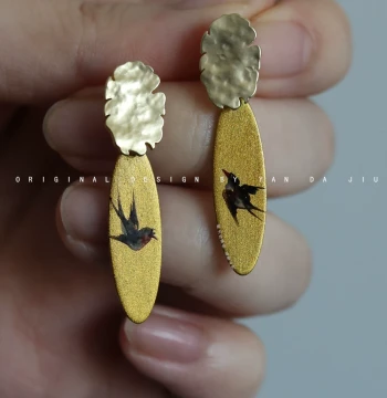 Yan Dajiu Original 'Swallows Return' Lacquerware Hand-Painted Flying Swallow New Chinese Style Earrings - Handcrafted Copper-Base Lacquer