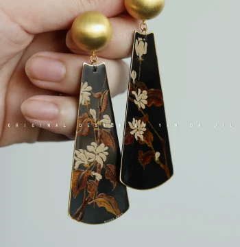 Yandaji Original 'Summer Jasmine' Large Lacquer Craft Hand-Painted Floral New Chinese Style Earrings - Handmade Copper Base Lacquerware