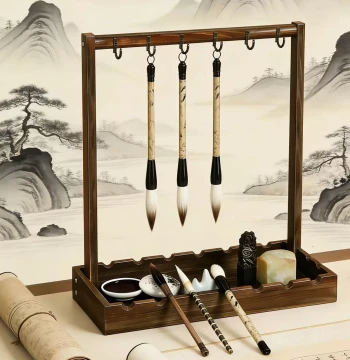 Premium Solid Wood Brush Holder - Traditional Chinese Hanging Rack for Calligraphy Brushes and Four Treasures of the Study