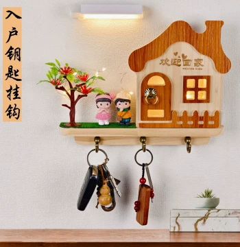 Creative House-Shaped Wooden Key Hook with Light for Entryway Storage