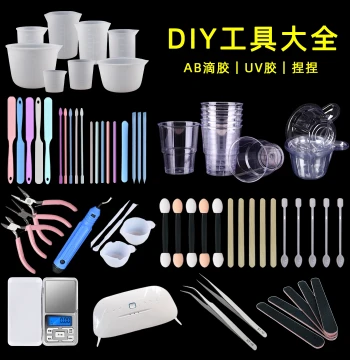 Resin Casting Tool Set: AB Glue, UV Resin, Mixing Sticks, Pipettes, Sanding Mats, and Silicone Measuring Cups