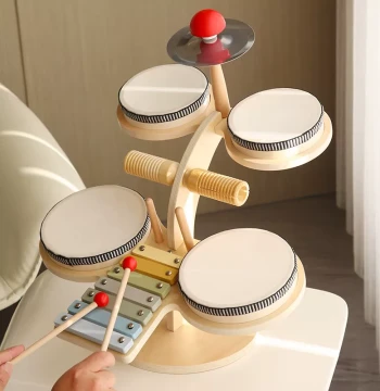 Multifunctional Wooden Drum Set with Kitten Music Station, Early Education Musical Toy for Boys and Girls