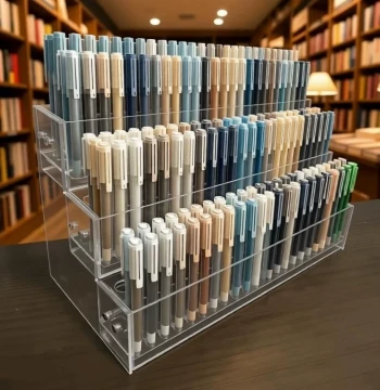 Desktop Fountain Pen Holder Display Rack, Tiered Stationery Storage, Transparent Creative Signature Pen Insert with Soft Grip Slots