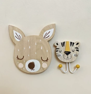 Export to France, OSTARIA Original with Tags, Wooden Hooks Shaped as Little Deer and Tiger, Decorative Coat Hangers