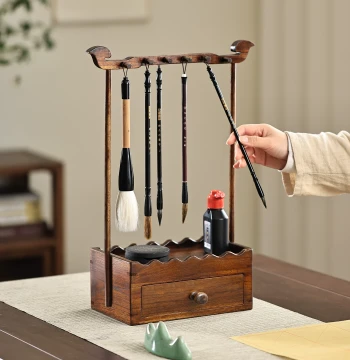Yili Chinese Style Solid Wood Brush Holder - Traditional Hanging Calligraphy Storage Rack