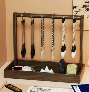 Desktop Calligraphy Brush Solid Wood Chinese Style Brush Holder Student Dormitory Brush Stand Hanging Type Pen Rest Storage Rack Beginner Desk Four Treasures of Study Display Stand