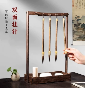 Lanzhai Rosewood Calligraphy Brush Holder, Storage Box for Four Treasures of the Study, Premium Display Stand for Beginners and Children