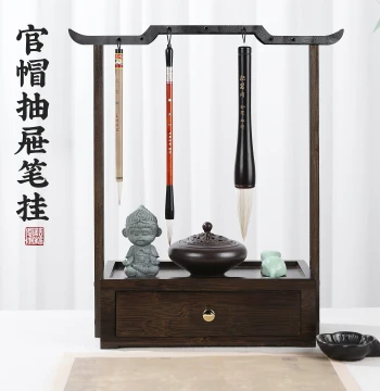 Bamboo Calligraphy Brush Holder with Official Hat Drawer Storage