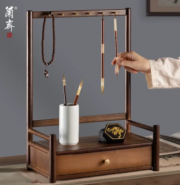 New Chinese-Style Multi-Functional Solid Wood Calligraphy Brush Holder with Drawers – Large-Capacity Storage Rack for Four Treasures of the Study, Ideal for Beginners and Calligraphy Enthusiasts