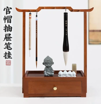 Bamboo Calligraphy Brush Holder - Multi-Functional Official Hat Style Drawer Rack for Creative Storage and Display