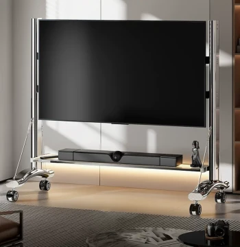 Mobile TV Stand with Stainless Steel RGB Light Strip Art Cart for 65/75/85/100 Inch Mounts