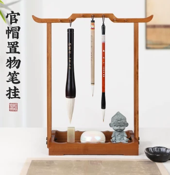 Multifunctional Nan Bamboo Brush Rack with Official Hat Design for Calligraphy Brush Storage and Display
