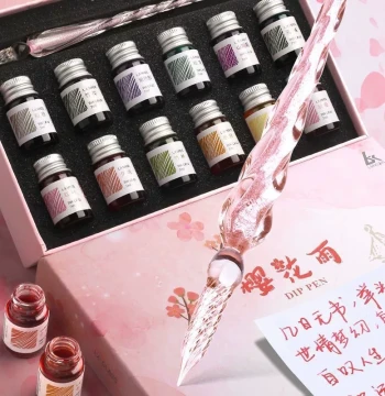 Glass Dip Pen Starry Sky Edition - Crystal Pen with Ancient Style Colored Ink and Quicksand Design, Student Gift Box Set
