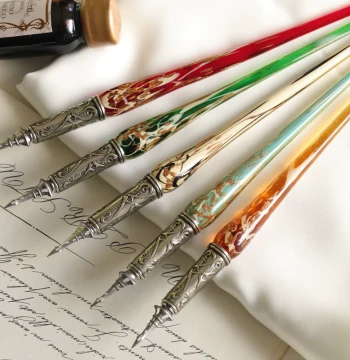 Italian Bortoletti Handcrafted Colored Murano Glass Dip Pen Set for Vintage English Calligraphy and Drawing