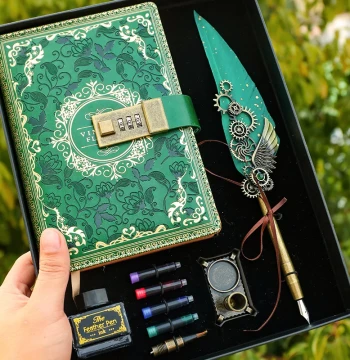 Mechanical Wing Dip Pen Gift Set, European Vintage Feather Pen Kit with Artistic Password Lock Journal Notebook, Creative Student Stationery, Practical Birthday Gift for Teachers and Classmates