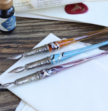 Italian Bortoletti Handmade Silver Foil Colored Murano Glass Dip Pen Set [Officially Authorized]