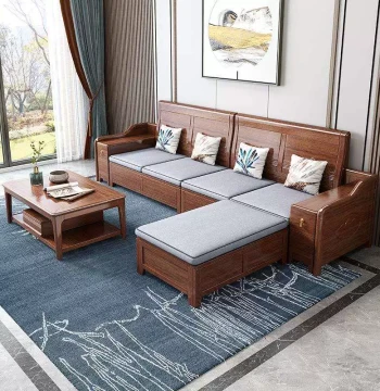 New Chinese Style Solid Wood Sofa Set - Washable Chaise Lounge Corner Suite for Large Living Rooms, Walnut Finish