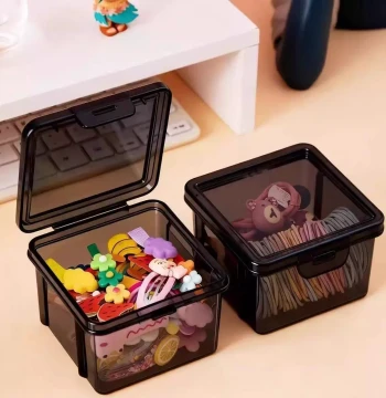 Hair Accessory Organizer Box - Transparent/Black Desktop Storage for Clips, Bands, Necklaces, and Hair Ties