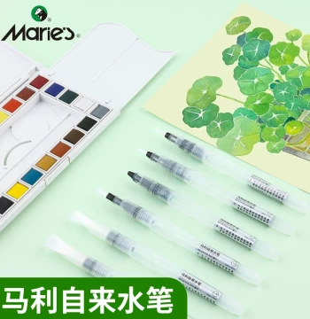 Marie's Water Brush Pen Set Beginner Solid Gouache Watercolor Painting Tools Art Student Adult Hand-drawn Colored Pencil Pigment Pen Refillable Soft Tip Liner Brush