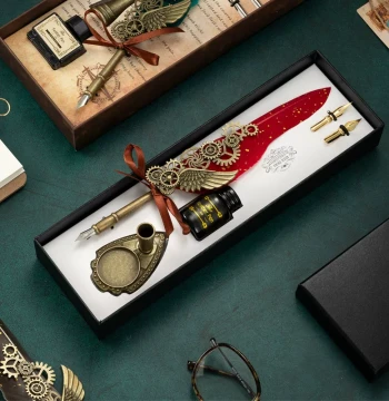 Vintage European Quill Pen Set with Gear Fountain Pen and Ink Gift Box