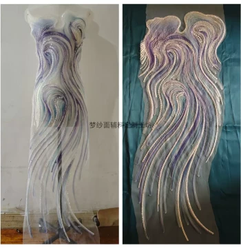 Heavy Embellished Beaded Embroidery Patch, Tie-Dye Ocean Wave Design in Blue-Purple, New DIY Fabric