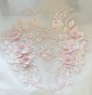 Pink 3D Flower Mesh Embroidered Patch with Beads and Rhinestones Lace Applique for Wedding Dress Cheongsam Skirt Decoration