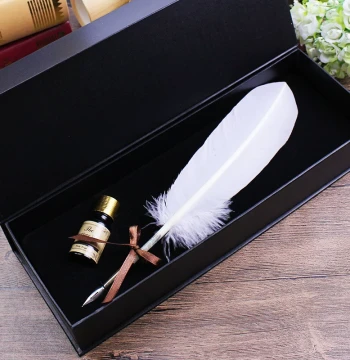 Feibi Yumo European Quill Pen Set | White Turkey Feather Dip Pen with Ink Gift Box