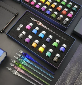 Semiramis Handmade Glass Dip Pen - Youth Series Crystal Pen with Colored Ink, Manga Pen, Gold Flakes Ink Gift Box