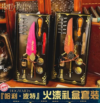 Warner Bros. Official Harry Potter New Feather Pen Set - European Vintage Wax Seal Kit with Gold-Flecked Quills