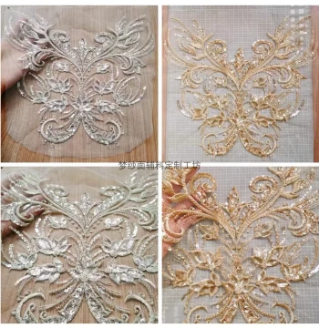 Beaded Embroidery Butterfly Silver Floral Applique with Sequins, Heavy-Duty Trim for Bridal Wedding Dresses, DIY Supplies