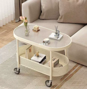 New Cream-Style Glass Mobile Sofa Side Table - Minimalist Living Room Bedside Cabinet and Small Tea Cart