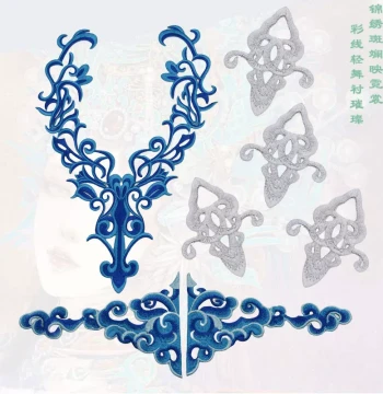 New Blue and White Porcelain Embroidery Fabric Brooch with Auspicious Cloud Pattern, Iron-On Patch for Performance Costumes, Back-Adhesive Applique