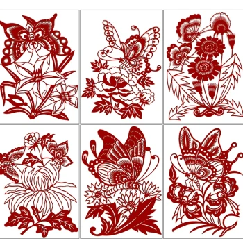 Butterfly Hand-Carved Paper Patterns - 6 Sheets of Flower-and-Bird Paper Cutting Templates - Chinese Style Window Decoration Art