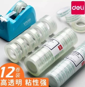 Deli Transparent Tape Small Roll (12mm) - High-Viscosity Tape Dispenser for Students and Home Use