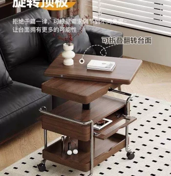 Solid Wood Vintage Rolling Cart - Foldable Multi-Use Side Table with Adjustable Height for Living Room