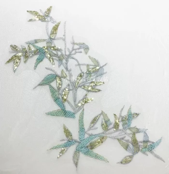 Bamboo Bead Sequin Embroidered Fabric Patches, Decorative Appliques for Wedding Dresses, Ethnic Stage Costumes, DIY Accessories, New Arrival