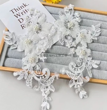 Pair of Pearl & Rhinestone Embroidered Appliques for Wedding Dresses (DIY)