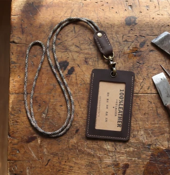 Vintage Minimalist Bus Card Holder, Crazy Horse Top-Grain Leather ID Badge Holder for Work Access
