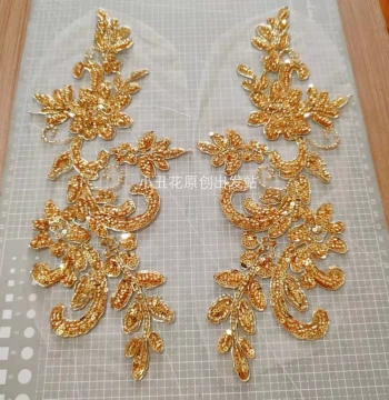 Gold Beaded Embroidery Matched Flower Patch with Reinforced Thread for Bridal Gowns, Wedding Dresses, Xiuhe, Hanfu, and Qipao - New Arrival