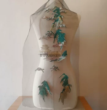Green Mountains and Pavilions Beaded Sequin Fabric Patch Wedding Dress Stage Costume Men's Wear Xiuhe DIY New Arrival