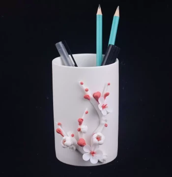 Ceramic Pen Holder with Floral Designs Chrysanthemum and Plum Blossom Artware