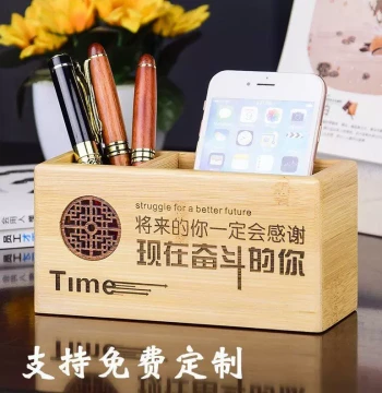 Bamboo Pen Holder Desktop Organizer Custom Logo