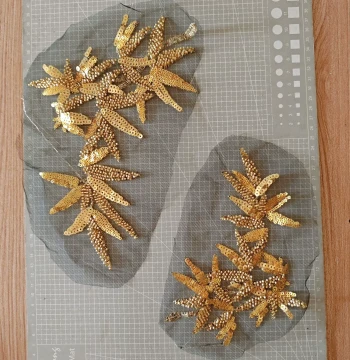 Golden Bamboo Leaf Beaded Embroidery Patch - DIY Applique for Bridal Wedding Dresses, Xiuhe Suits, and Qipao