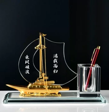 Crystal Desktop Organizer Set with Sailboat Pen Holder