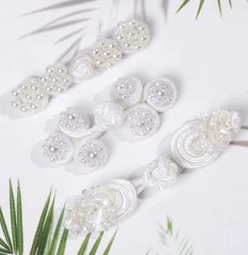 Hand-Sewn Pearl Nylon Frog Buttons with Glass Beads and Rhinestones for Qipao (Palm, Gourd, Wheel, Leaf, Pipa, Strawberry Shapes)