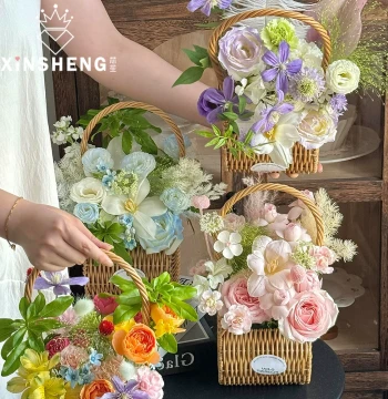 Xinsheng Rattan-Style Woven Handheld Flower Basket - DIY Floral Arrangement Supply