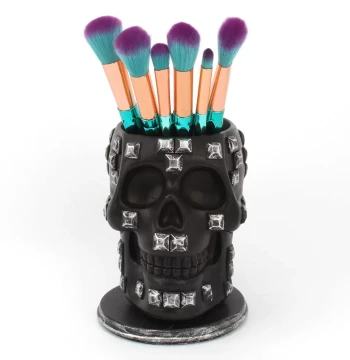 Sequin Skull Rotating Pen Holder Makeup Storage Halloween Decor